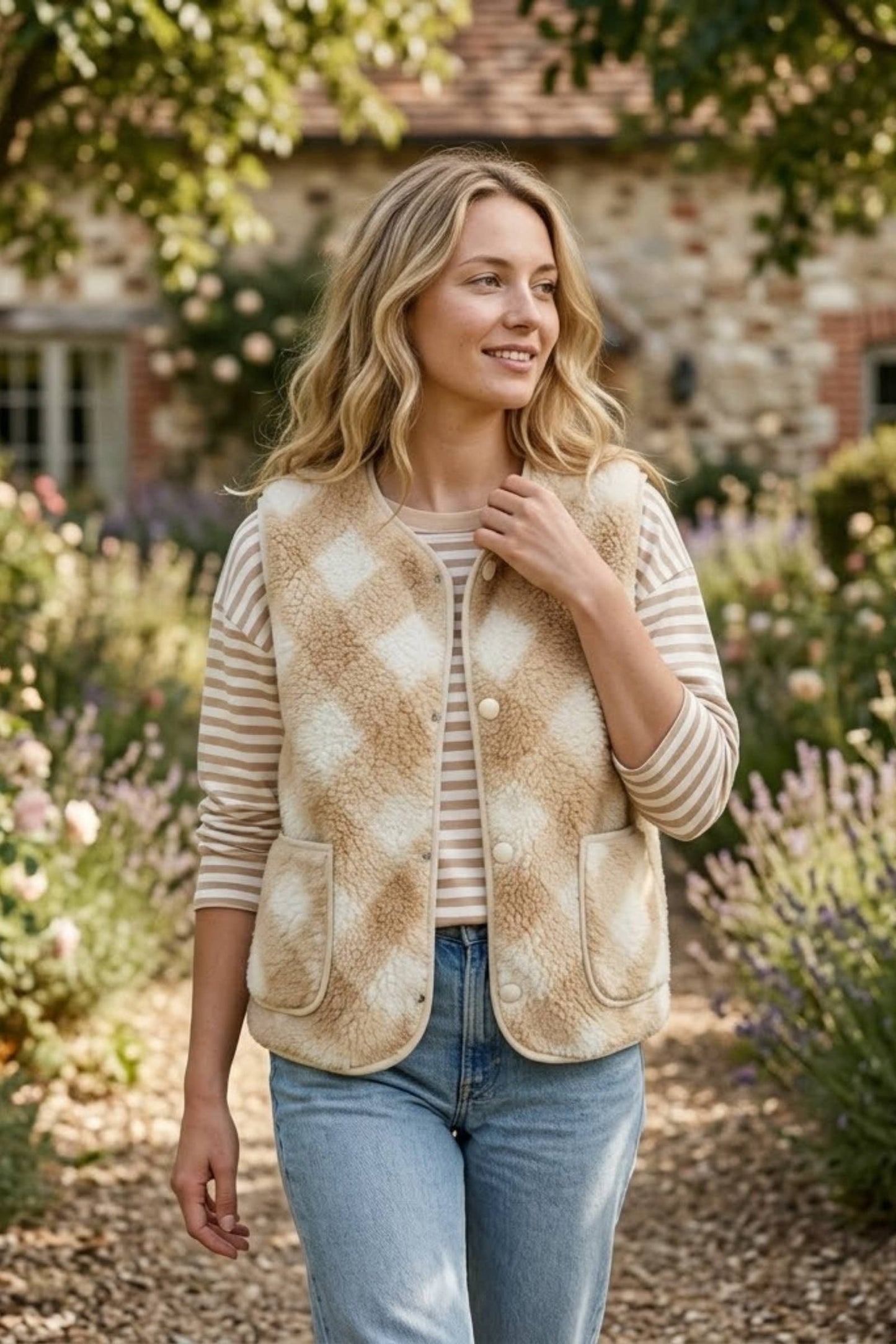 Gilet imprimé carreaux et rayures: Beige / TU
