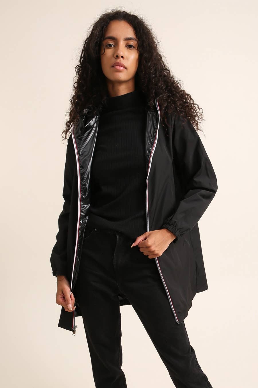 Veste imperméable réversible longue à capuche: Bleu jean