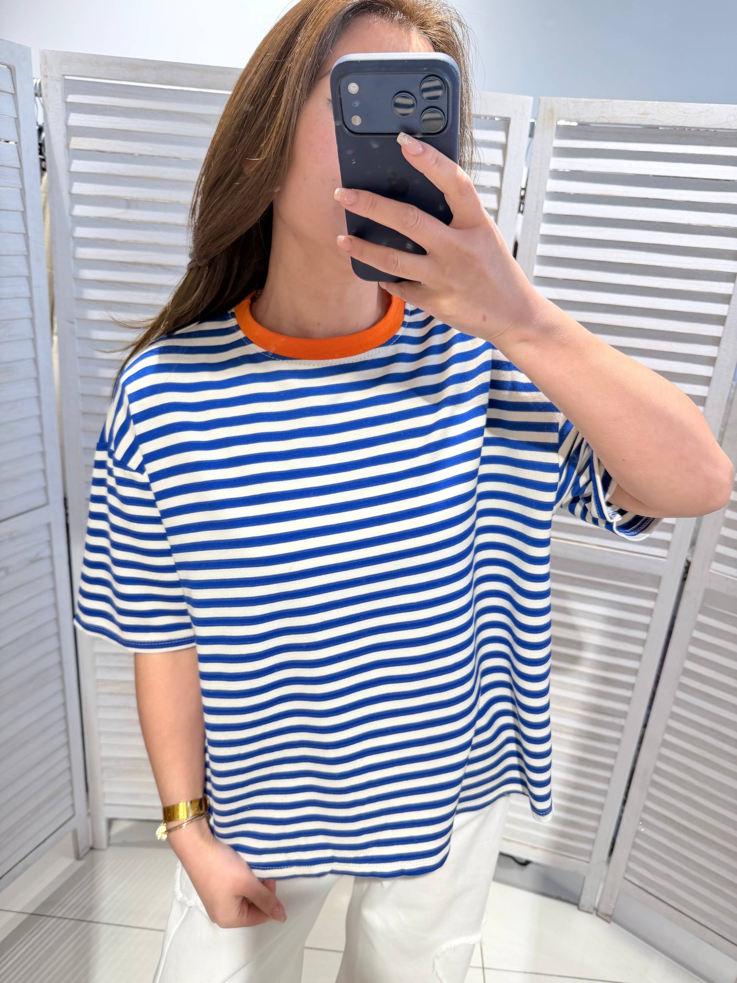 T-shirt rayé col rond: Bleu / TU
